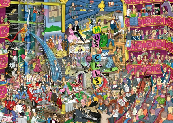 Best of Musicals poster 50x70 cm - detaljrik illustration med ikoniska musikaler som Cats, Phantom of the Opera, Les Misérables och fler klassiker.