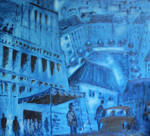 Rapsody in blue eller Manhattan möter Majorna. Olja på träpannå.
97 x 88cm. Bilden är målad på en vitlackerad vilket har gett en speciell ljuseffekt.
